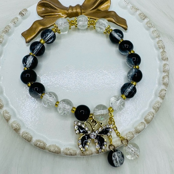 Gradient Black Beaded w/ Sparkly Bow Charm Bracelet - Small wrists - Picture 2 of 5
